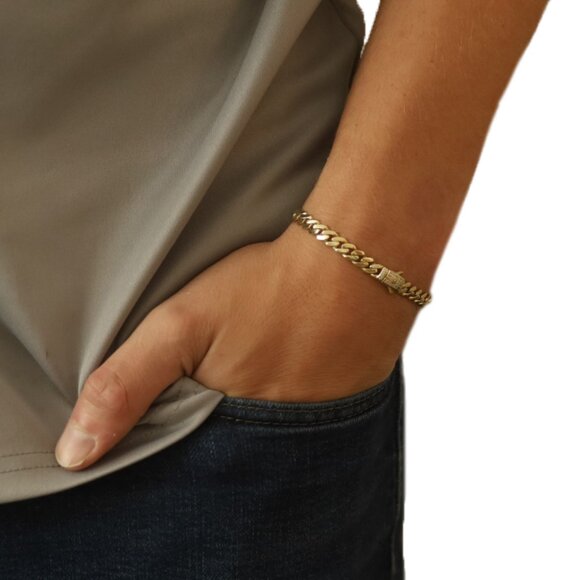 Yellow Gold Cubic Zirconias Curb Chain Men's Bracelet 7" 14k Round .25ctw - Picture 2 of 7